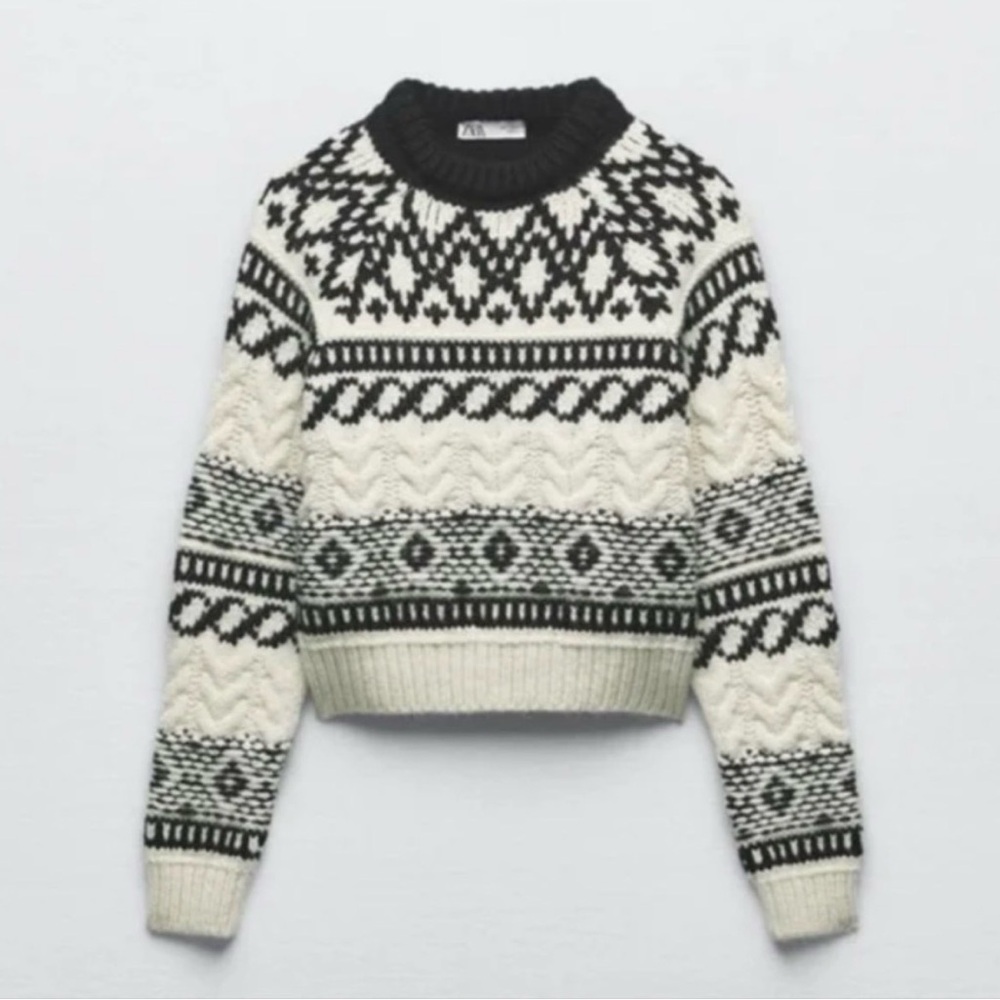 ZARA WOMAN JACQUARD KNIT SWEATER Fair Isle Nordic Apres-ski Chic Graphic S Small